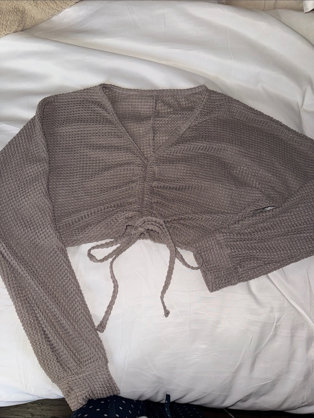 SHEIN Cropped V-Neck Drawstring Sweater - Taupe